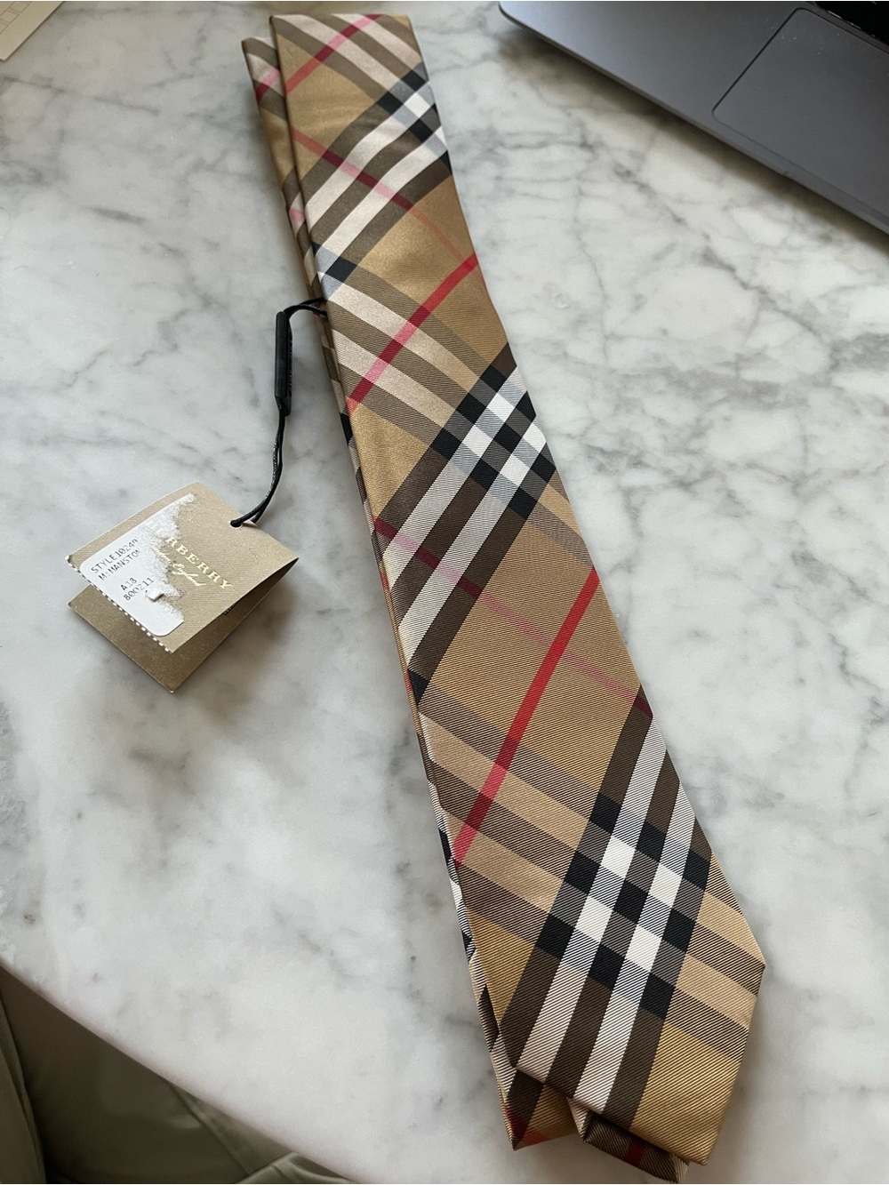 Burberry Tan Plaid Silk Tie with Black, White and Red Stripes